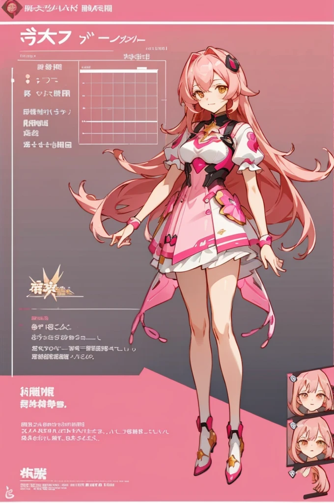 raspberry brown pink long hair wearing and yellow rose clip +  pink dress cyber theme, anime character reference sheet,, full body!, [ character design ], design sheet, character reference sheet, golden brown eyes, single character full body Honkai Star Impact style, , official artwork, CG,