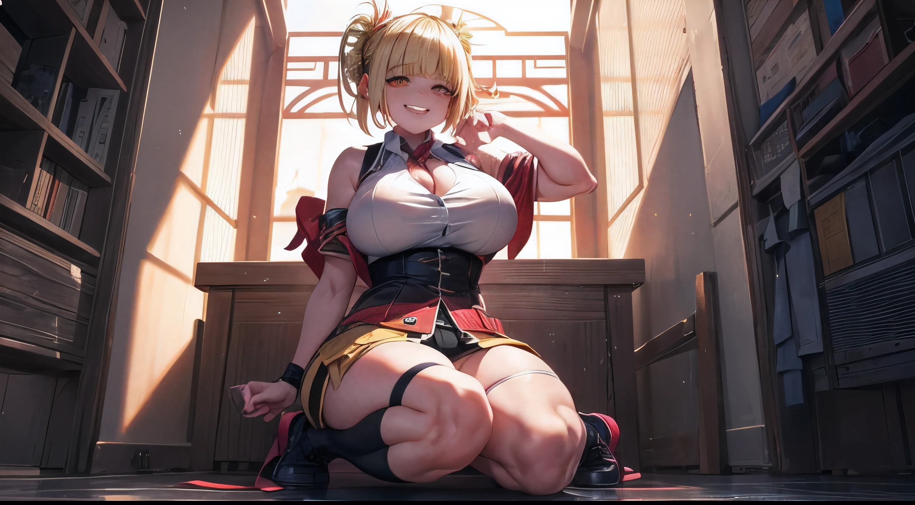 Toga Himiko, she is a delinquent, atletic, Curvy, musculoso, olhos amarelos, sorrindo para o espectador, smugly, Beautiful, alta qualidade, circunstanciado, corpo inteiro, 4k, HDR, .RAW