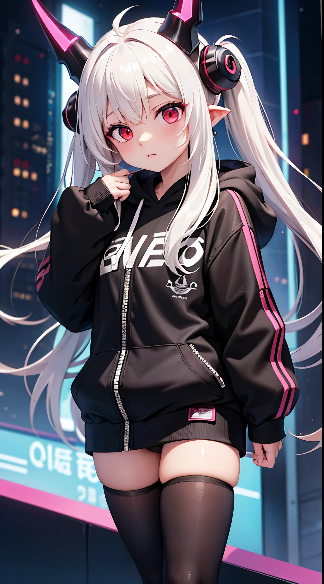 dreamy cyberpunk girl, cyberpunk art ultrarealistic, 1 girl, white hair, oversized black hoodie, cyber daemon, , cyberpunk, ((cyber horns)), red eyes,