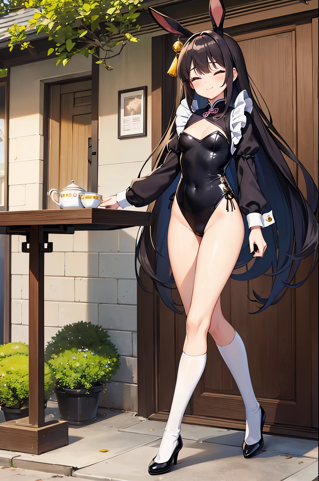 ((4k、8k、top-quality、perfect fingers:1.3、perfect anatomia:1.3、Blur the background))、Rabbit ears、cute petit girl、((beautiful chinese maid leotard、long-sleeve)、sixteen years old、a beautiful slender girl、a baby face、Straight long hair:1.3))、(Beautiful big drooping eyes)、closed eyes smile、Full Body Display、(Soio)、knee high socks,tea shop