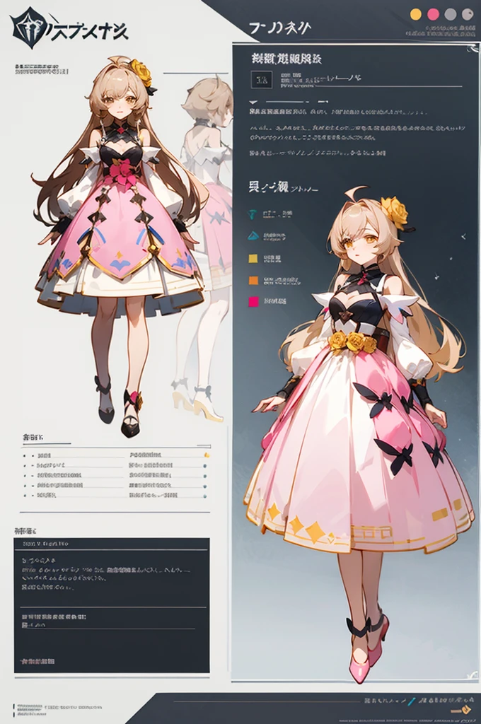 pale brownish pink long hair wearing and yellow rose clip +  pink dress cyber theme, anime character reference sheet,, full body!, [ character design ], design sheet, character reference sheet, golden brown eyes, single character full body Honkai Star Impact style, , official artwork, CG,