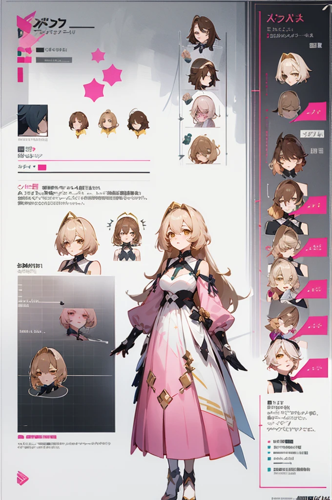 pale brownish pink long hair wearing and yellow rose clip +  pink dress cyber theme, anime character reference sheet,, full body!, [ character design ], design sheet, character reference sheet, golden brown eyes, single character full body Honkai Star Impact style, , official artwork, CG,