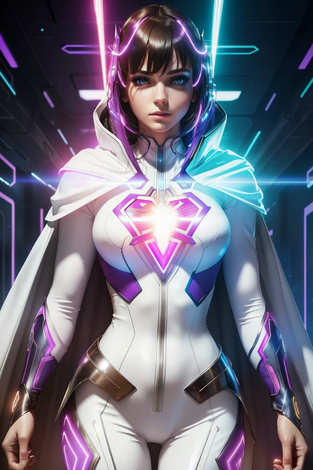 Bust to waist ((perfect face)) perfect skin, hyperrealistic masterpiece, Superheroine european girl ((fringe glowing colorful)) in extremely complex & superdetailed tight plugsuit ((with white cape)), cinematic illumination: 8k, (((magicpunk aesthetic style::1)