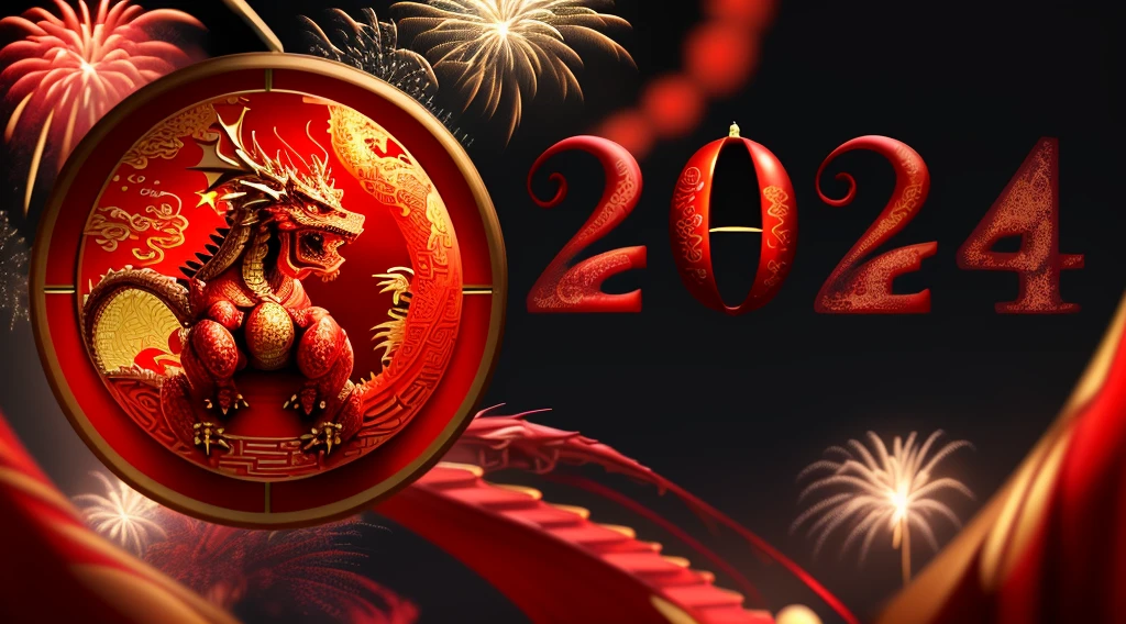 HD,4k,masterpiece_1.2,magical style,(Chinese dragon),festive,lantern,red and gold,(fireworks)