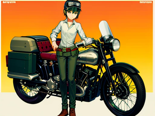 Masterpiece, best quality, desert, solar panels, kino \(kino no tabi\), kino, man, tomboy, white shirt, green pants, brown shoes, belt with gun holster, leather belt, gun holster, goggles, goggles on head, hermes, motorcycle,