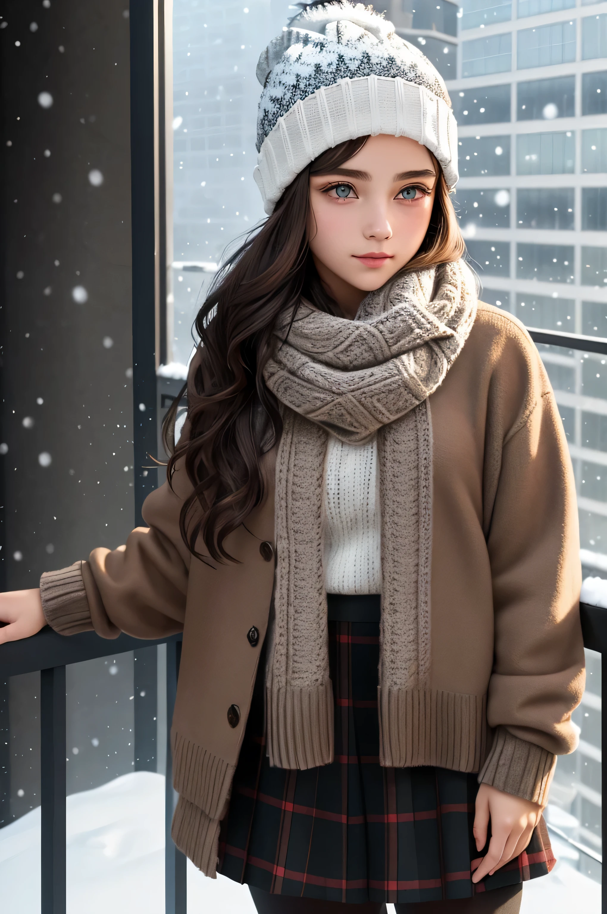 {there is a young girl out on a balcony of a new york highrise in the middle of winter. she is beautiful, and attractive. she is wearing a thick black jumper and red checkered skirt. she is also wearing black leggings underneath her skirt. she also has a knitted scarf on, and a knitted beanie. she has beautiful long brown hair, and beautiful hazel eyes. it is extremely cold outside, and it is snowing. you can barely see any other buildings in the far background as there is also fog around. there is also some snow on her as she is outside.}, {best quality}, {{masterpiece}}, {highres}, {{{8k}}}, extremely detailed girl, {{{caucasian skin}}}, {{{detailed face}}}, {photo-realism}, {{perfect anatomy}}, sharp focus, {{{character{1 girl}}}}, solo, {{{{{sharp focus}}}}}, {{{detailed cloth texture}}}, {{{detailed skin texture}}}, {{{smooth lighting}}}, {{australian decent}}, {{18-years old girl}},