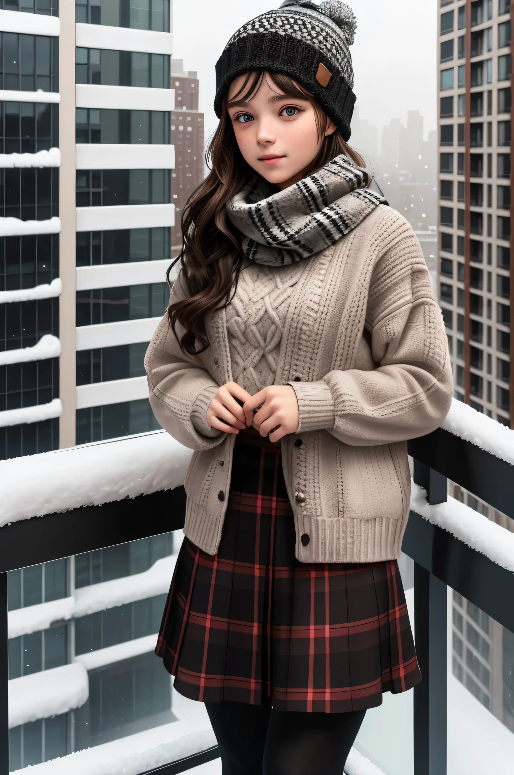 {there is a young girl out on a balcony of a new york highrise in the middle of winter. she is beautiful, and attractive. she is wearing a thick black jumper and red checkered skirt. she is also wearing black leggings underneath her skirt. she also has a knitted scarf on, and a knitted beanie. she has beautiful long brown hair, and beautiful hazel eyes. it is extremely cold outside, and it is snowing. you can barely see any other buildings in the far background as there is also fog around. there is also some snow on her as she is outside.}, {best quality}, {{masterpiece}}, {highres}, {{{8k}}}, extremely detailed girl, {{{caucasian skin}}}, {{{detailed face}}}, {photo-realism}, {{perfect anatomy}}, sharp focus, {{{character{1 girl}}}}, solo, {{{{{sharp focus}}}}}, {{{detailed cloth texture}}}, {{{detailed skin texture}}}, {{{smooth lighting}}}, {{australian decent}}, {{18-years old girl}},