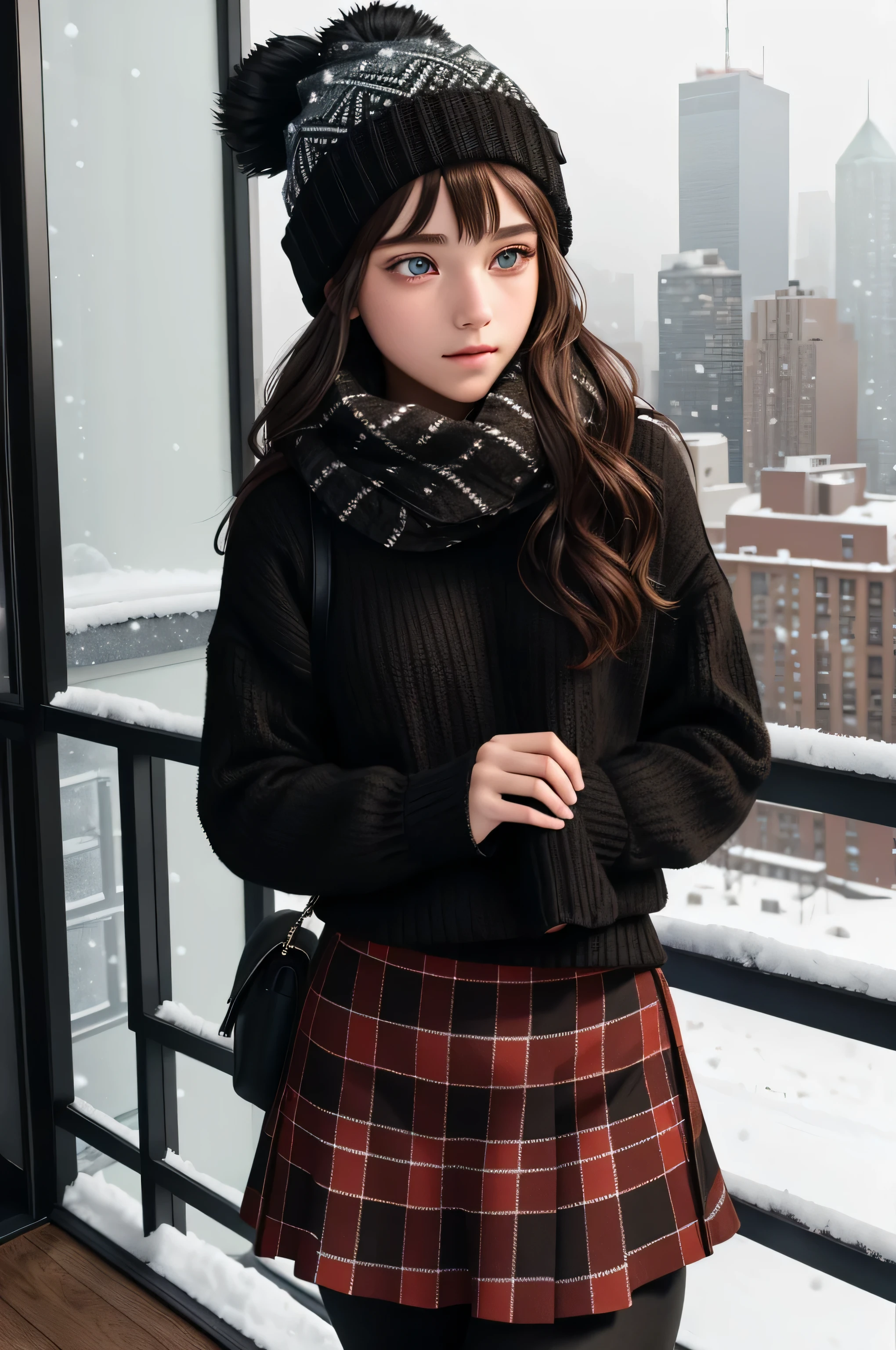 ultra-detailed,masterpiece,finely detail,highres,8k wallpaper,1girl, black_hair, book, holding_book, lips, long_hair, open_book, realistic, sitting, skirt, solo, shirt, long_sleeves, jewelry, earrings, parted_lips, glasses, plaid, window, eyewear_on_head, stairs, hand_on_eyewear, dark academia, outfits<lora:dark:0.8>