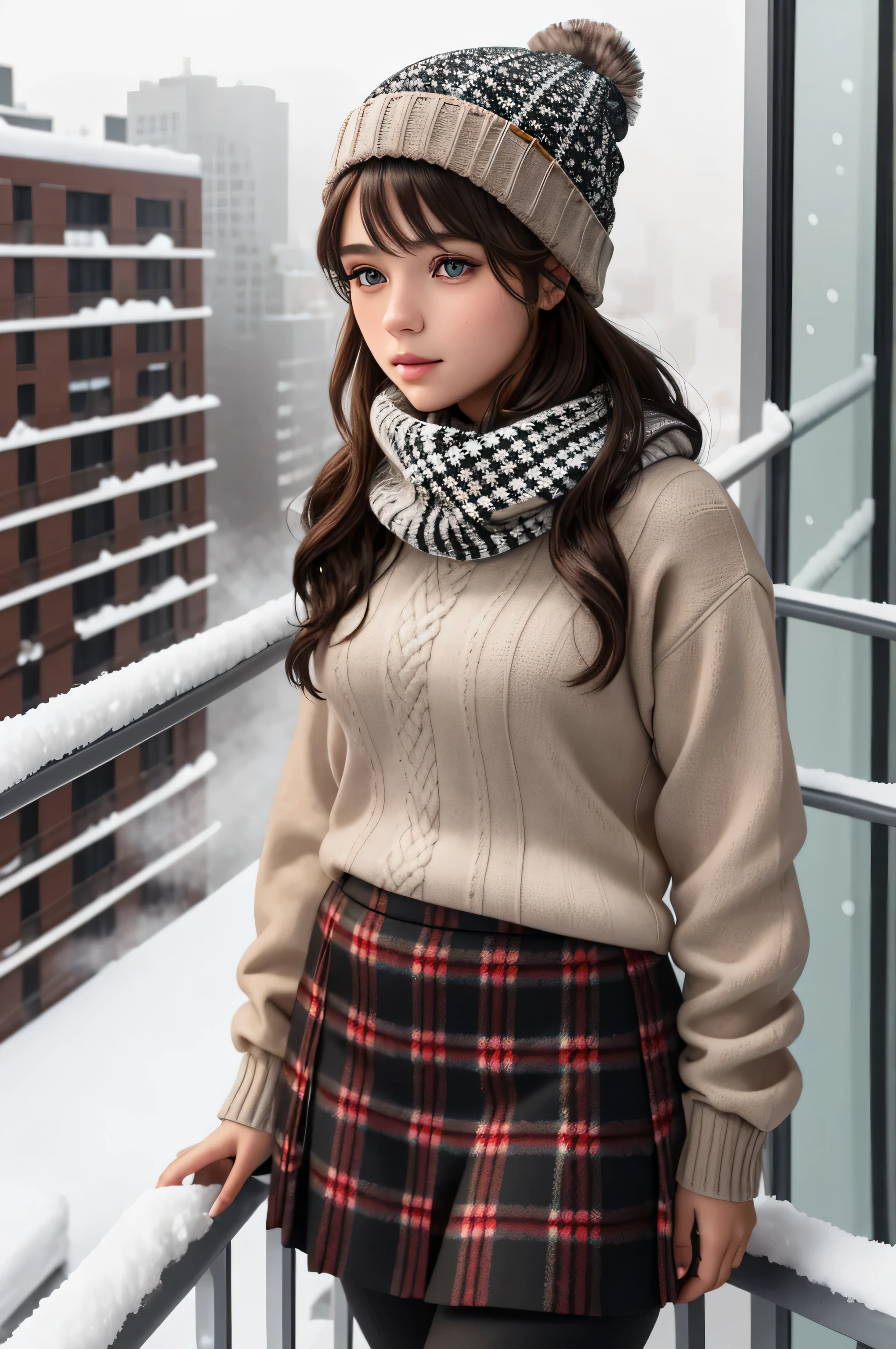 {there is a young girl out on a balcony of a new york highrise in the middle of winter. she is beautiful, and attractive. she is wearing a thick black jumper and red checkered skirt. she is also wearing black leggings underneath her skirt. she also has a knitted scarf on, and a knitted beanie. she has beautiful long brown hair, and beautiful hazel eyes. it is extremely cold outside, and it is snowing. you can barely see any other buildings in the far background as there is also fog around. there is also some snow on her as she is outside.}, {best quality}, {{masterpiece}}, {highres}, {{{8k}}}, extremely detailed girl, {{{caucasian skin}}}, {{{detailed face}}}, {photo-realism}, {{perfect anatomy}}, sharp focus, {{{character{1 girl}}}}, solo, {{{{{sharp focus}}}}}, {{{detailed cloth texture}}}, {{{detailed skin texture}}}, {{{smooth lighting}}}, {{australian decent}}, {{18-years old girl}},