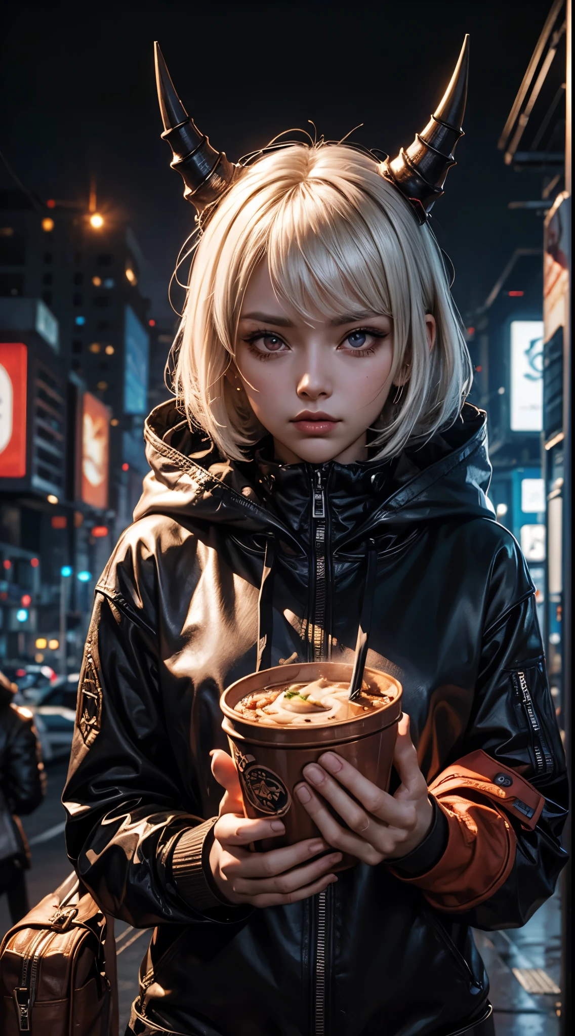 1 girl, white hair, oversized black hoodie, cyber daemon, loli, cyberpunk, ((cyber horns)), red eyes, cyberware, dreamy cyberpunk girl, cyberpunk art ultrarealistic, cybernetic hands, prosthetics, oni mouth mask