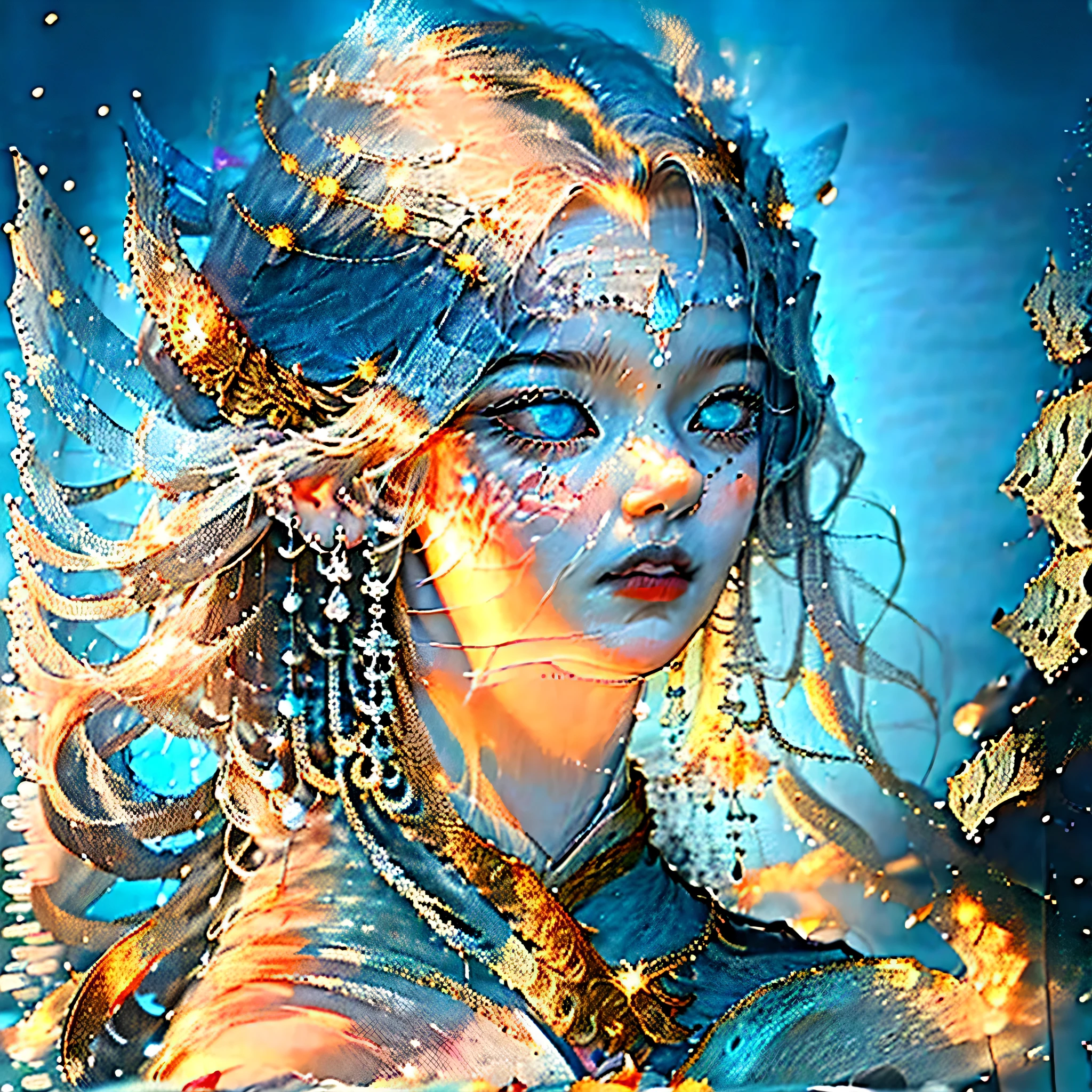 (Multiple award-winning works, With incredible details, textures and maximum detail), (God who rules the underwater world: 1.6), (Forgotten ancient water spirit: 1.6),, (upper body:0.3), (best quality real texture skin), (hyper actual:1.4), (actual:1.3), (upper body:0.3), (Many gold and silver treasures sunk around: 1.8), (((In the water))), (Dark underwater: 1.6), (The bottom of the water is bright during the day: 1.6), (Exquisite, round and symmetrical eyes, Beautiful and delicate face), ((medieval world)), (whole body display: 1.7), (Clear eyes sparkle brightly), (She has a naughty smile on her face), (Jewelry, gold and silver scattered everywhere: 1.8), (Mossy stone statues: 1.8), (Sunken temple, The sunken ancient city, The sunken cathedral, The sunken ancient city堡遗址), (Next to the throne is a magic circle that exudes powerful power..: 1.3), (Shining majestic water and light:1.2), (Eyes glow blue in the dark:1.5), (a pair of dazzling blue eyes,There is a strong blue light inside:1.5), (Bio-luminescence:1.5), , (Underwater treasure: 1.8), (Swirling water and currents in the background), (Dramatic light), (A majestic sight), (Her countenance is gentle and beautiful), Glass earrings on the ears, (Dramatic photo:1.4), (dramatic pose), (combed blonde hair), (silber hair), (maroon hair), , ((look up to;Inquire)), ((looking-down)), (A finely crafted necklace hangs around her neck), (发出绚丽光芒的Bio-luminescence:1.3), (Use gorgeous water magic:1.2), (Beautiful fish around:1.2), (Transparent and beautiful aquatic life around:1.3), , epic actual, faded, artistically, (Greg Rutkoski:0.8), (cyan and orange:0.4), (artistically station:1.5), Cinematic, ((com cores neutras)), (HighDynamicRange:1.5), (pastel colour:1.2), ultra - detailed, Dramatic light, (Complicated details:1.1), the complex background,