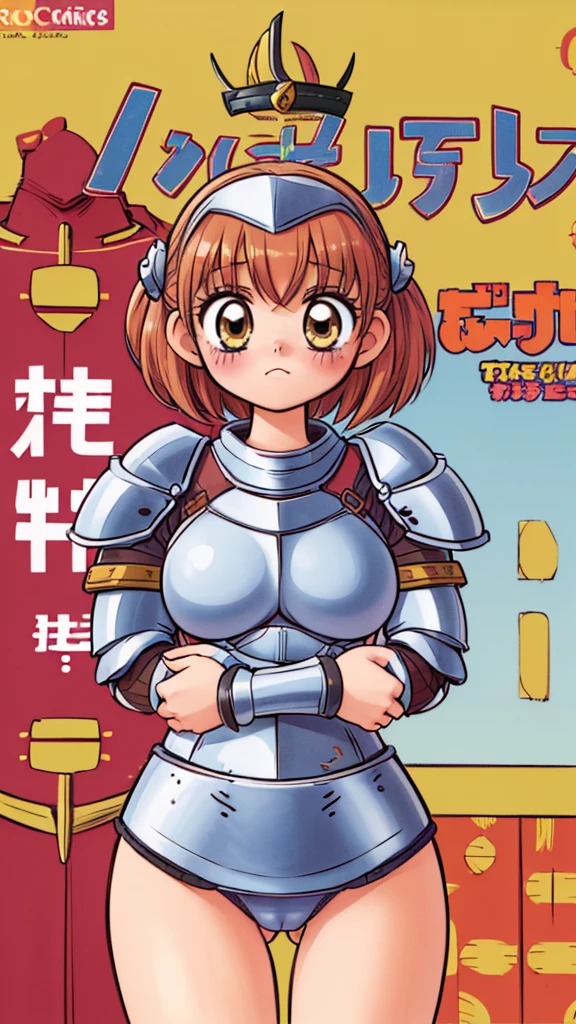 (1girl:1.4), masterpiece, best quality, best detail, best proportion, best anatomy, best face, blush, best shaped breasts, very huge breasts, (10 year old japanese lowteen:1.3), half body shot, ((wearing european knight's armor):1.5), cameltoe, blush,