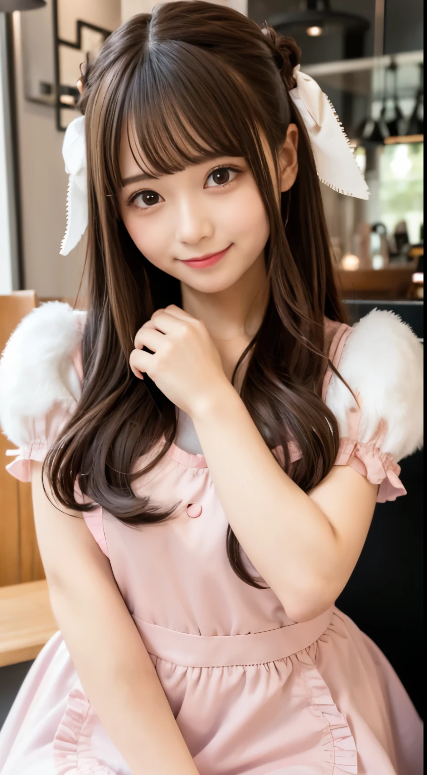 Cafe with cute interior, One girl in a pink maid's outfit with angel wings is laughing and looking at me.
ultra-detailed, absurd-resolution, best quality, pink and brown tone, black long hair,
