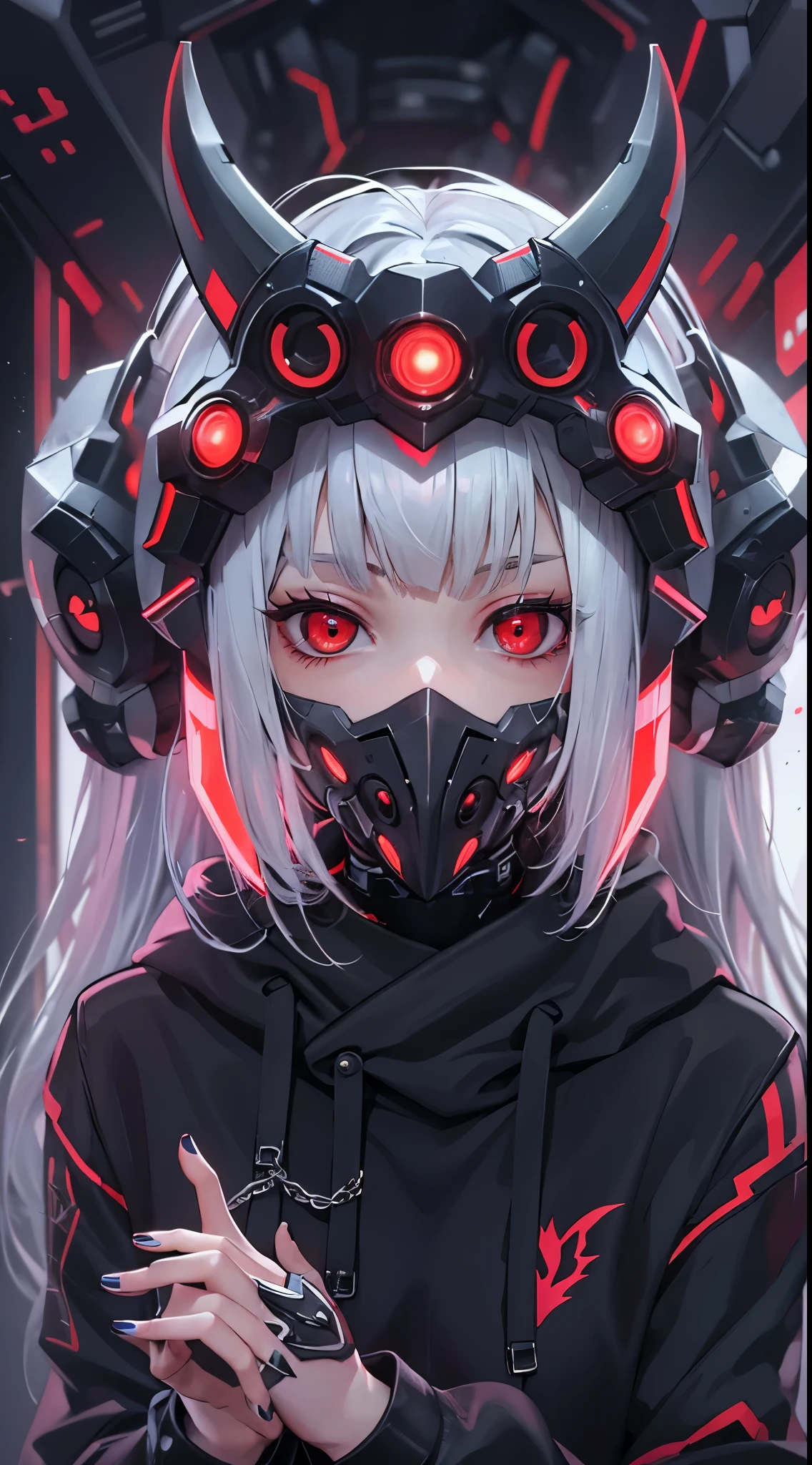 1 girl, white hair, oversized black hoodie, cyber daemon, , cyberpunk, ((cyber horns)), red eyes, cyberware, dreamy cyberpunk girl, cyberpunk art ultrarealistic, cybernetic hands, prosthetics, oni mouth mask