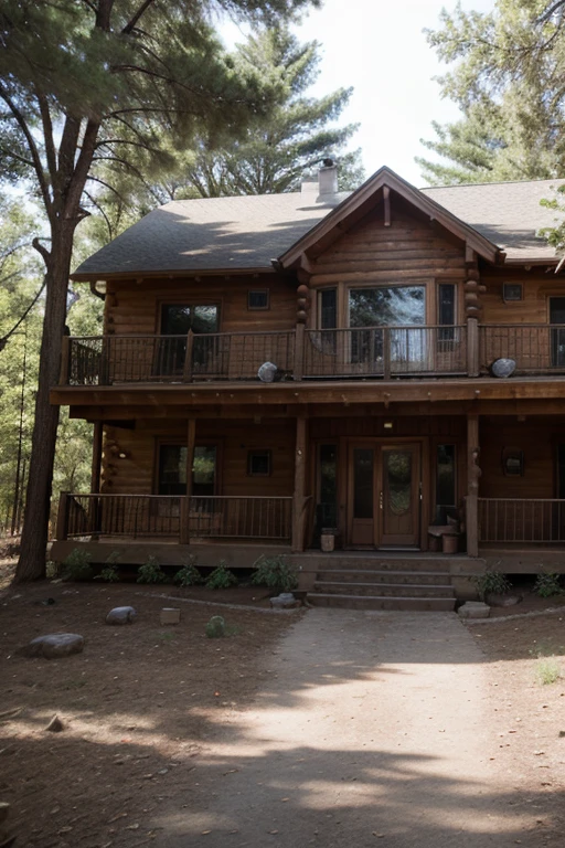 Large cabin, wrap around deck, two story, ranch home, large aquistrian, wooded area, trees, two level barn, gravel walkway, river in vackground