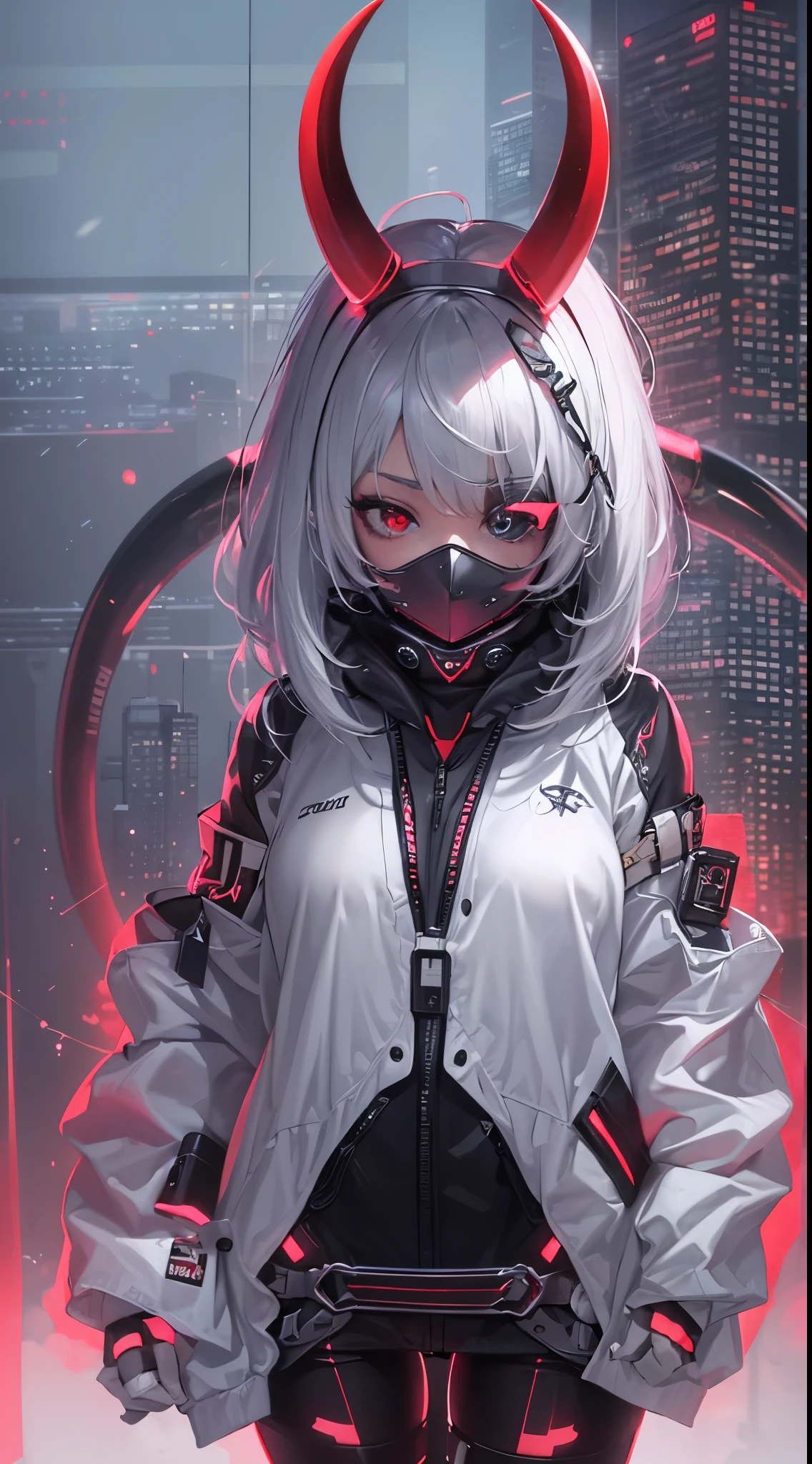 1 girl, white hair, oversized black hoodie, cyber daemon, , cyberpunk, ((cyber horns)), red eyes, cyberware, dreamy cyberpunk girl, cyberpunk art ultrarealistic, cybernetic hands, prosthetics, oni mouth mask