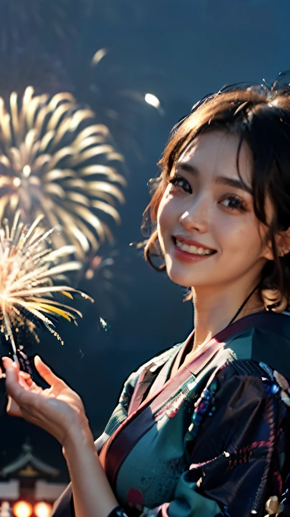 Best quality、masterpiece、real photograph、Complicated details、RAW photogr、Photon rendering、octaneratingrendering、hoang lap、ultra - detailed、A detailed的the face、Delicate skin、Art station fashion trends、8K masterpiece、lighting like a movie、( (1 girl in))、((独奏) ))、CGSoation trend、plastic en、((cabelos preto e longoeutiful women))、(A smile)、Top Teeth、fashionably、Hair Fluttering in the Wind、((mobile sea lion magazine、((an sexy))、((lighting like a movie)、((indirect illumination)、、(gender)、Grinning、(visto ao longe)、((Japanese festival))、komono、((Fireworks Festival))、