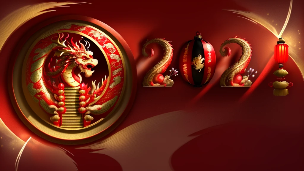 HD,4k,masterpiece_1.2,magical style,(Chinese dragon),festive,lantern,red  and gold,(fireworks)