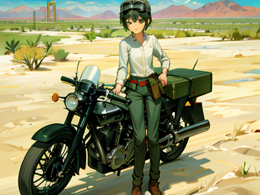 Masterpiece, best quality, desert, solar panels, kino \(kino no tabi\), kino, man, tomboy, white shirt, green pants, brown shoes, belt with gun holster, leather belt, gun holster, goggles, goggles on head, hermes, motorcycle,