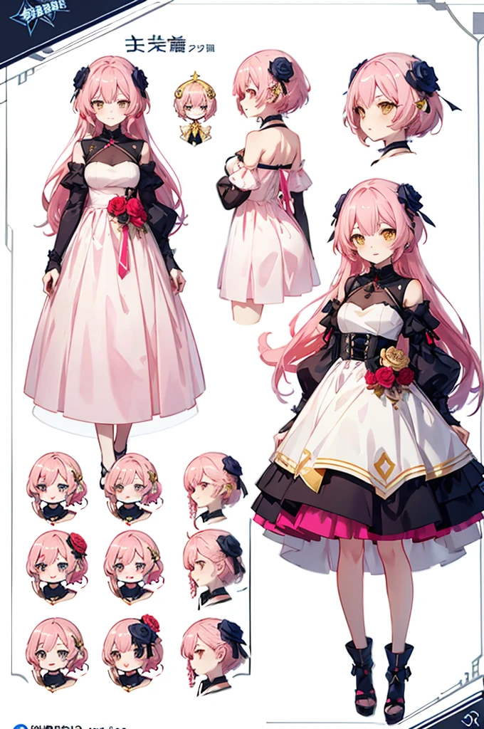 raspberry hair color long hair wearing and yellow rose clip +  pink white  dress cyber theme, anime character reference sheet,, full body!, [ character design ], design sheet, character reference sheet, golden brown eyes, single character full body Honkai Star Impact style, , official artwork, CG,