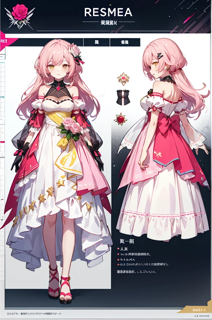 raspberry hair color long hair wearing and yellow rose clip +  pink white  dress cyber theme, anime character reference sheet,, full body!, [ character design ], design sheet, character reference sheet, golden brown eyes, single character full body Honkai Star Impact style, , official artwork, CG,