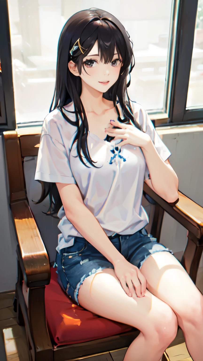 4k高清，1girll, 独奏, black color hair，Wear short jeanigchest，sit on chair，Very accurate，Big chest