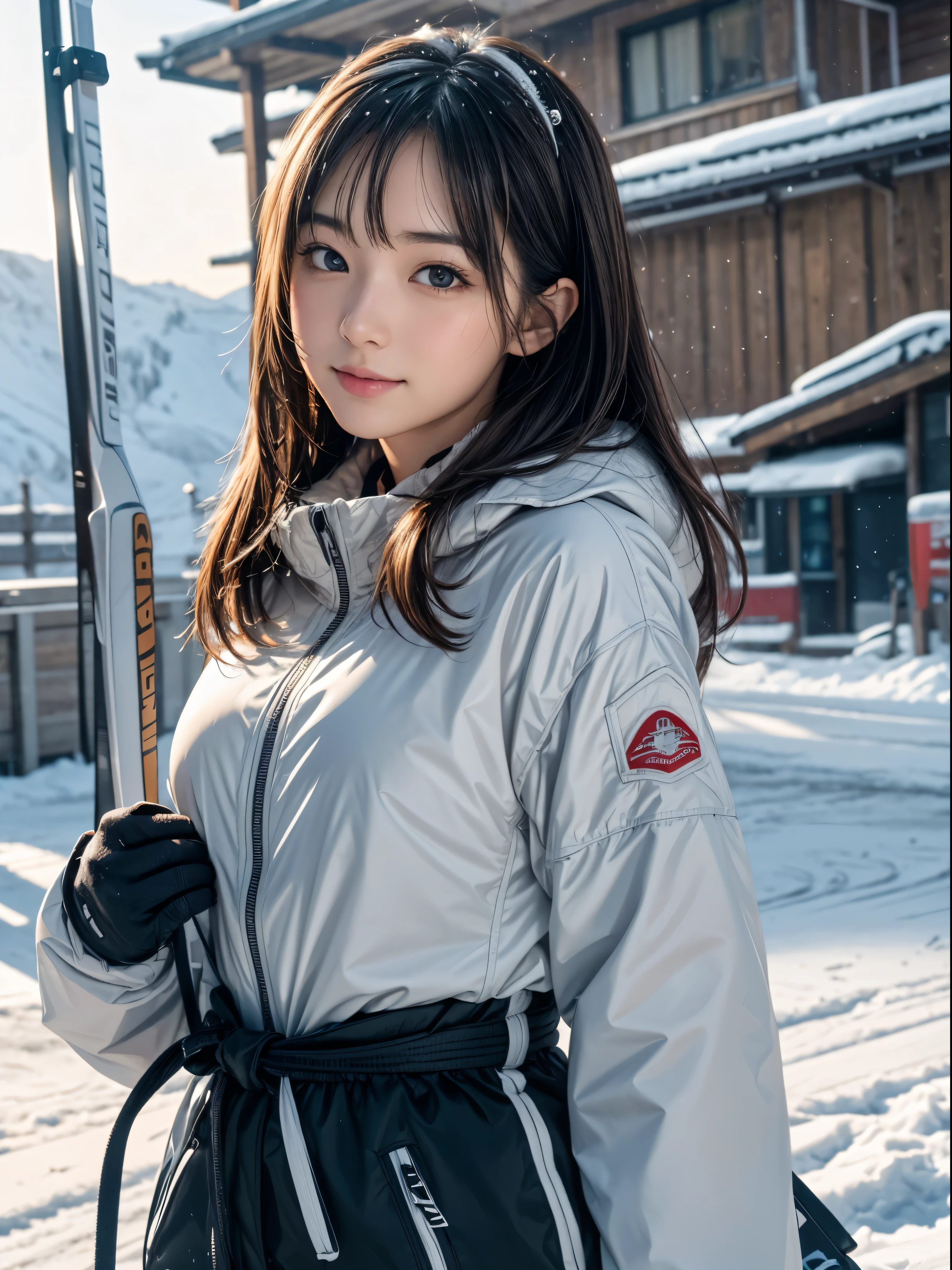 (8K,masutepiece, Raw photo,Best Quality:1.4),(photographrealistic:1.2),(extremely Detailed face),(Shiny skin),(Detailed skin),(Detailed face),(Extremely beautiful face), 1girl in,Looking at Viewer,Japanese ido(actor hair,Medium Hair,Straight hair,asymmetrical bangs,Smile,glamor,Large breasts, Wearing ski wear, ski pants and ski gloves, At the snowy ski resort,High Position,Natural lighting