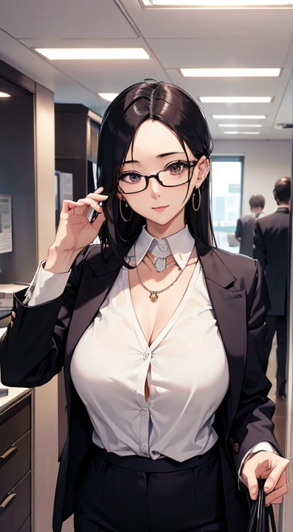 Misako , grey mini rock, white shirt, black jacket, black stockings, adult beautiful women, black hair, office, blue eyes, beautiful blue eyes, ,slim body, masterpiece, lipstick, hoops earrings, makeup,sharp jawline,  detailed face, detailed nose , close up,anime,  detailed eyes,big breast, Glasses,black tie,wolf hair cut ,