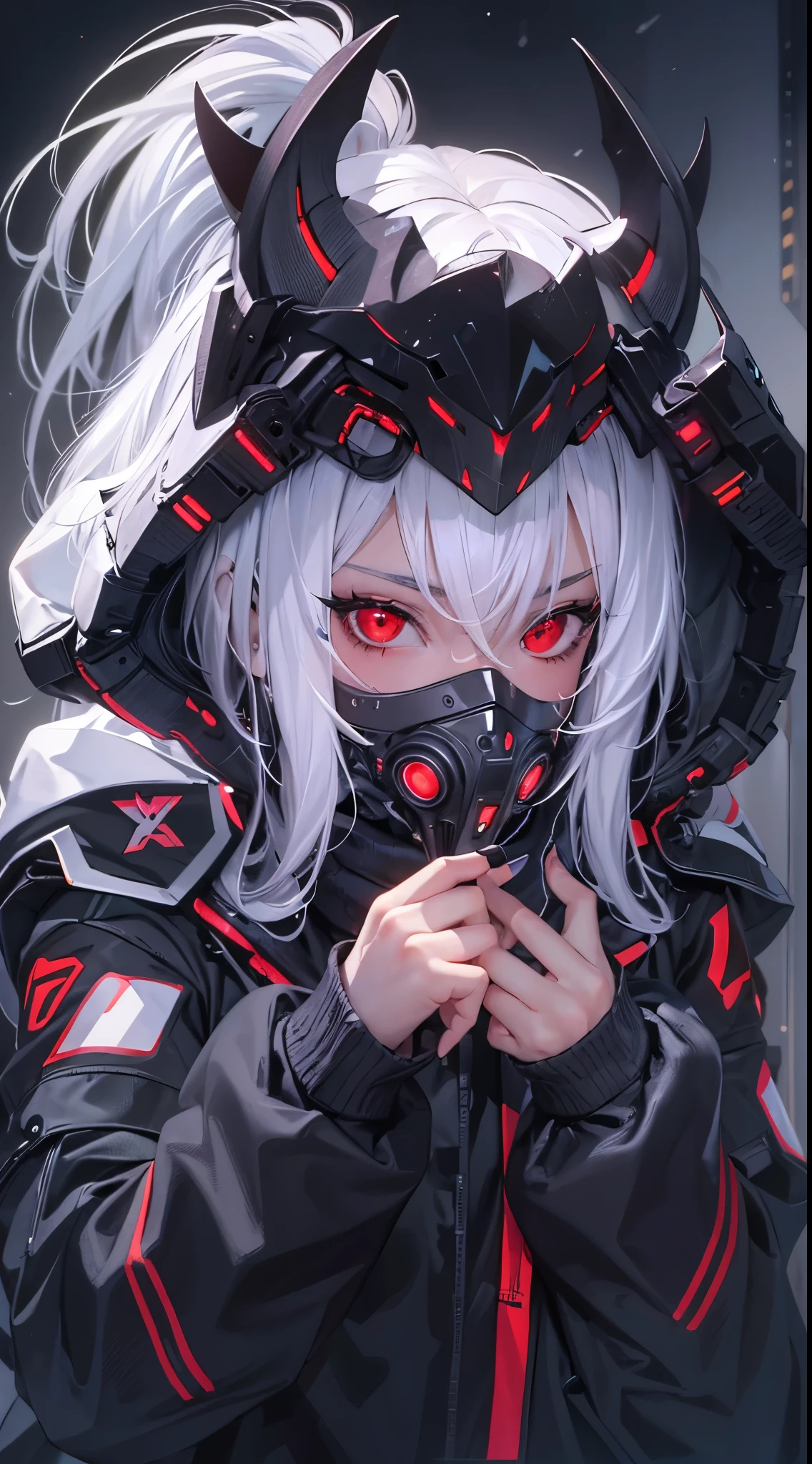 1 girl, white hair, oversized black hoodie, cyber daemon, loli, cyberpunk, ((cyber horns)), red eyes, cyberware, dreamy cyberpunk girl, cyberpunk art ultrarealistic, cybernetic hands, prosthetics, oni mouth mask