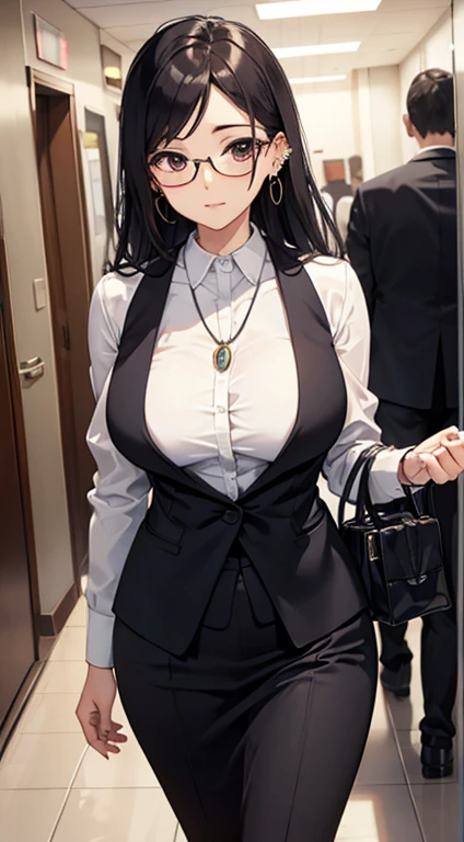 s Office、Beautiful Mature Woman、cute little、suits、businessman、eye glass、The upper part of the body、piercings、a necklace