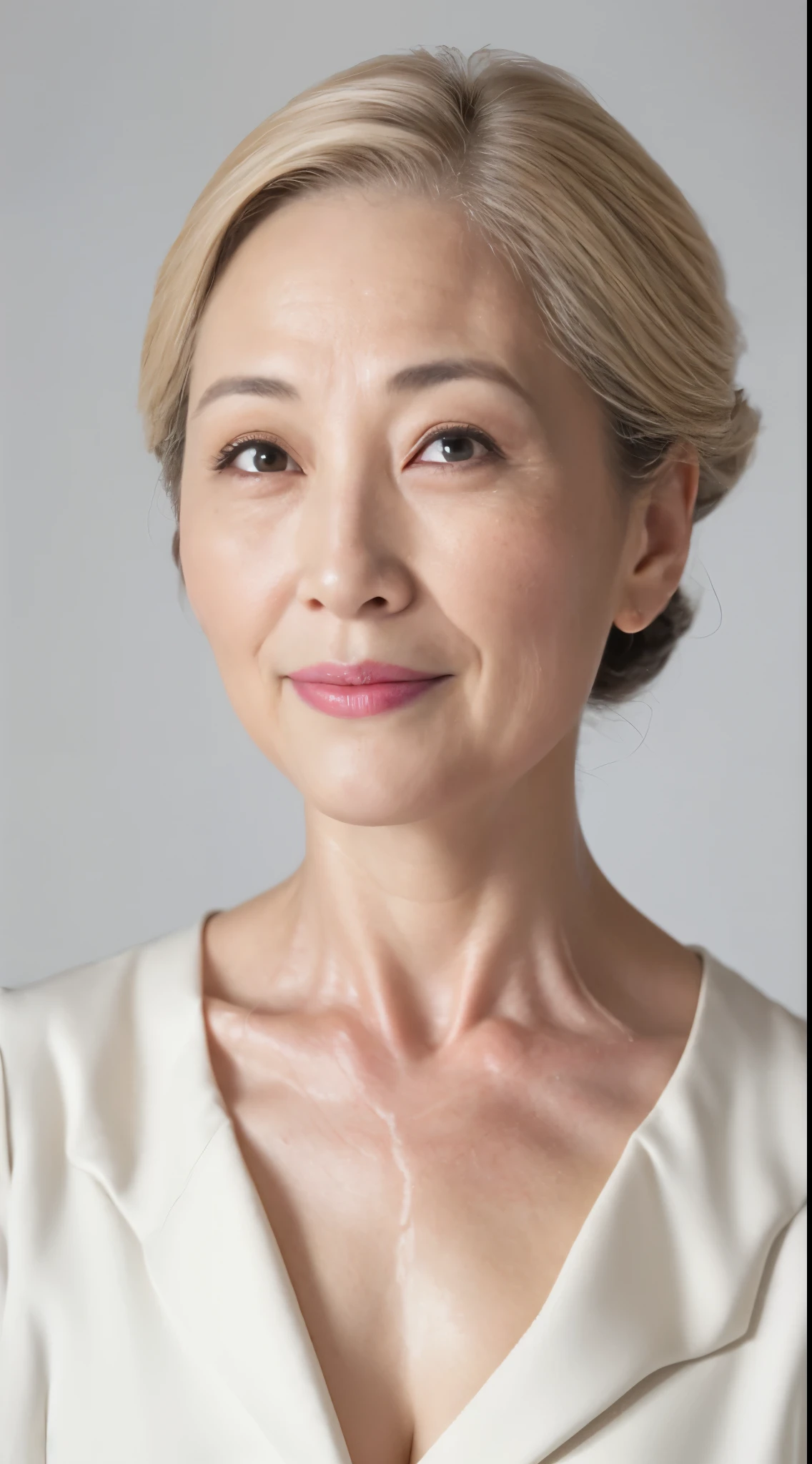 (((Solo))), (((Perfect Anatomy))), Fancy face, Elderly, Pure white background, gravure, erect through, facing front, ((Center your face on the screen)), describe the lips correctly,red-lips, Fancy makeup, from the chest up, masutepiece, Best Quality, Ultra-detailed, Photorealistic, Ultra-detailed細なスキン, (1 japanese mature woman), (positive), 95 years old, huge udder, Mature Woman Politician, glamor, A sexy, Chromo-white skin, Looking at Viewer,