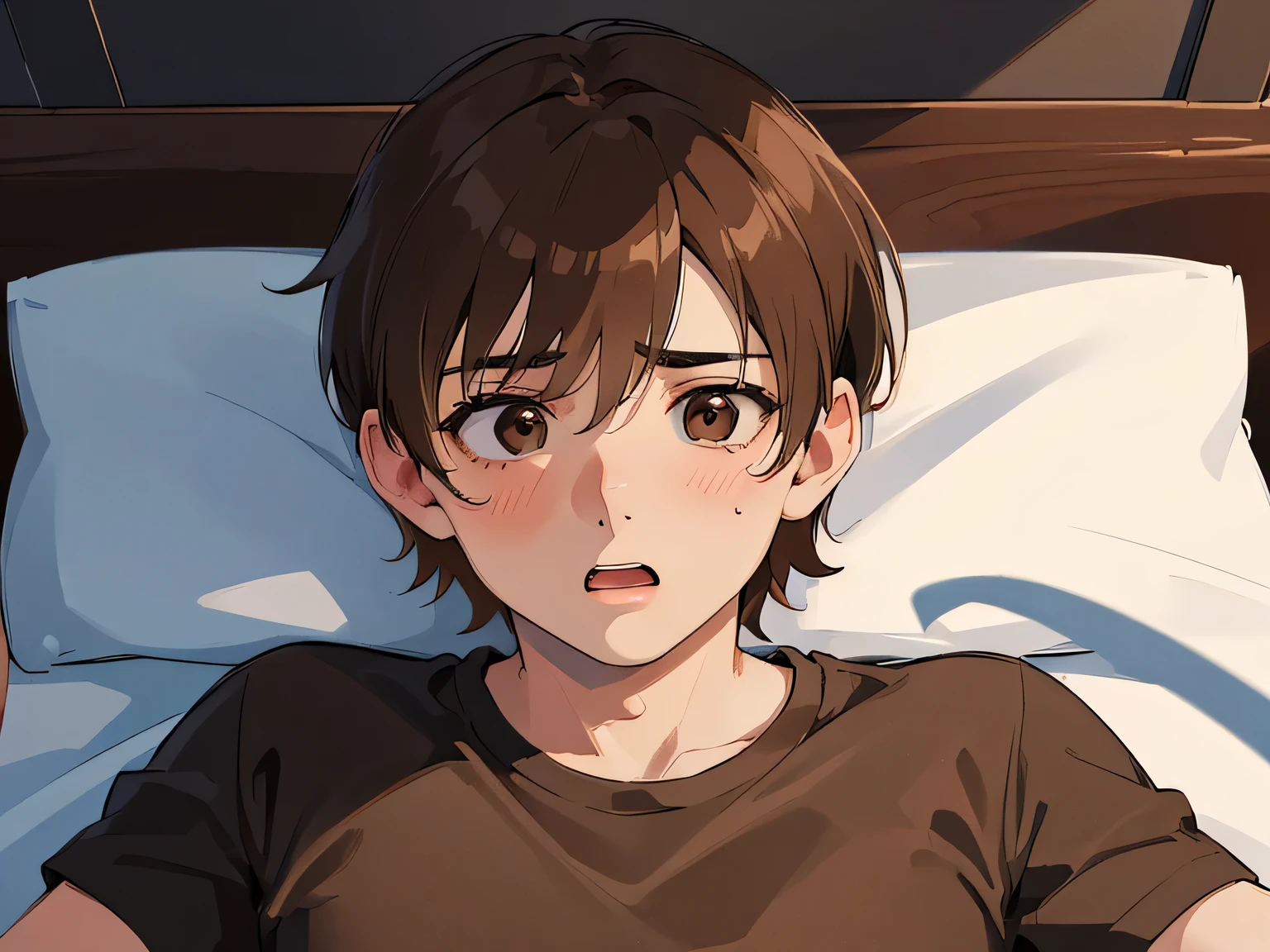 Shooting from above、masterpiece、hightquality、(25 year old brown eyed male with short brown hair:1.5)、wearing black tshirt、(Alone:1.5)、(panicking:1.5)、lying on bed, on back, Bold composition、