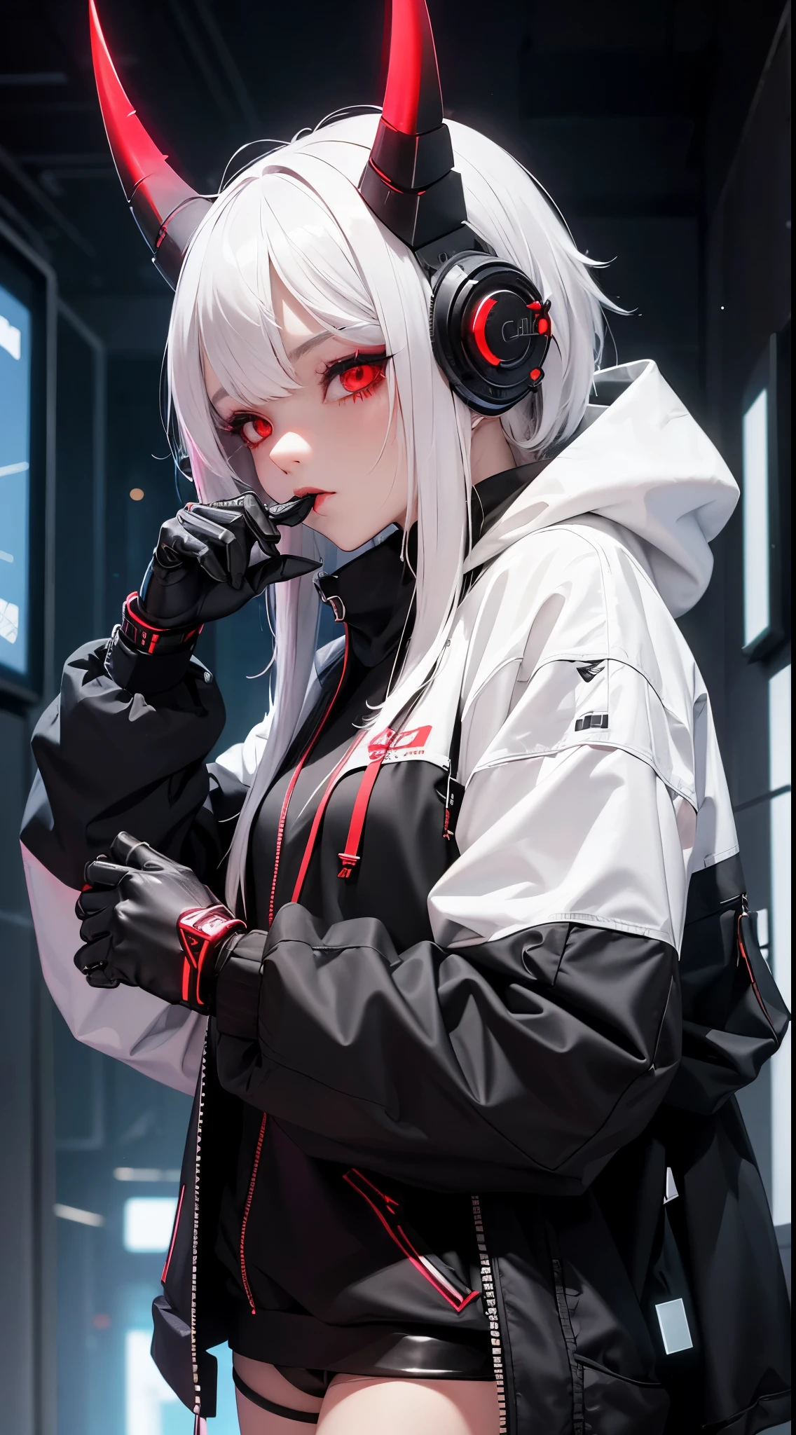 1 girl, white hair, oversized black hoodie, cyber daemon, loli, cyberpunk, ((cyber horns)), red eyes, cyberware, dreamy cyberpunk girl, cyberpunk art ultrarealistic, cybernetic hands, prosthetics, oni mouth mask