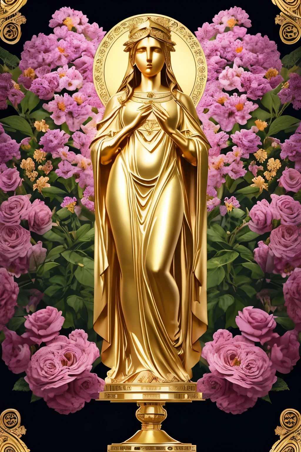 stock stoic girl,gold virgin mary statue,The upper part of the body, 8K movie profile with Hercules style and dark background,Gold Texture(analogue:1.2)、(concept-art)、One Female Goddess Poster、portraitures、(3D floral human cameo)、(with 2D frame)、Decoration by Alphonse Mucha、(realisitic:1.25) Award-winning、best qualtiy、masterpiece、、8K、The background is surrounded by beautiful colorful flowers.