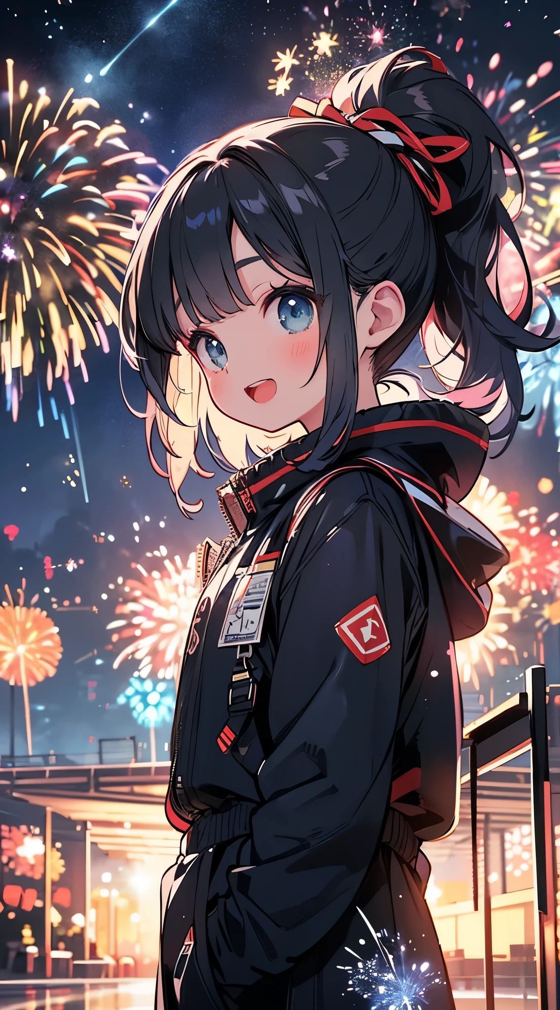 Spectacular fireworks display. 空には巨大な花火がkirakiraと輝く,(Huge fireworks with dazzling eyes 1.5)(Warm atmosphere1.3)(The night is full of stars1.2)Girl Looking Up At the Sky, I was happy to see fireworks for the first time.,The girl shines in the light of fireworks,An outstanding smile with an open mouth,The girl is facing forward in a pose of joy,kirakira輝くダイヤモンドのアクセサリー,orange oversized down jacket,Long hair down to the waist,Delicate Makeup,delicated face,Too eyebrows,very short bangs,Delicate Makeup,kirakiraラメ,Super realistic,Movie Promotional Poster,Super light and shadow,Super Textured,(Super wide angle to see fireworks blooming 1.5)Extreme light tracking(Colorful fireworks on Iceland background 1.5)(Fireworks are particularly dense1.3)(Color Elements 72 Color 1.5)(The aurora covers the entire sky1.5)(from 1.3)(Super Real 1.3),kirakira
