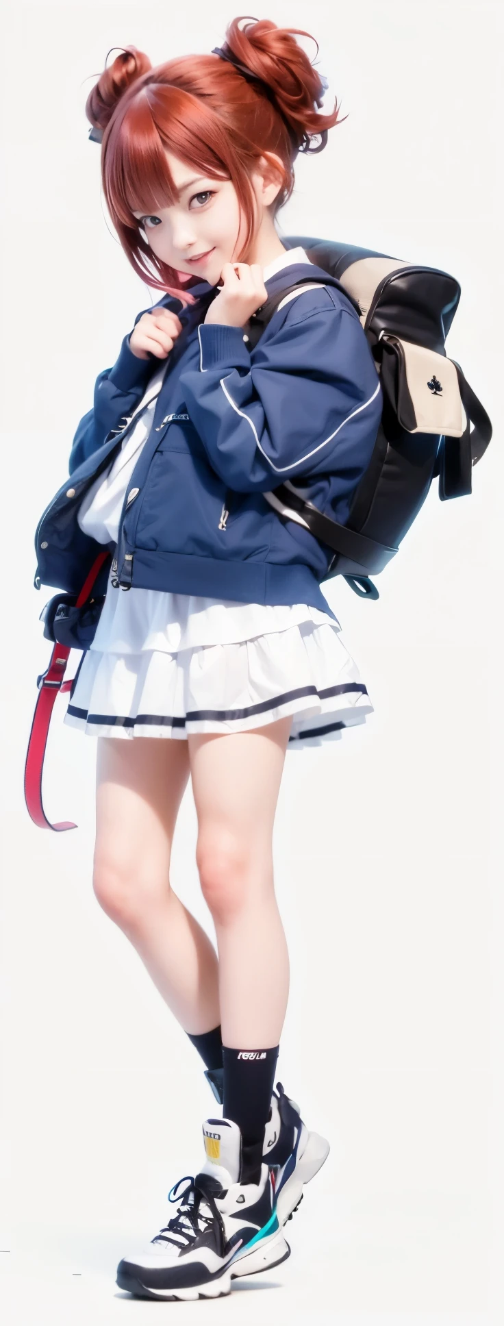 a close up of a person with a skateboard and a backpack, girls frontline style, from girls frontline, m4 sopmod ii girls frontline, fine details. girls frontline, kantai collection style, girls frontline universe, high quality realistic style, girls frontline cg, girls frontline, yandere. tall,(2 tied up hair ),red hair, hair between eyelue eyes)), teeth smile