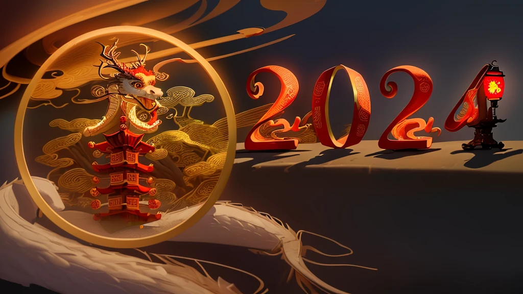 HD,4k,masterpiece_1.2,magical style,(Chinese dragon),festive,lantern,red and gold,(fireworks)