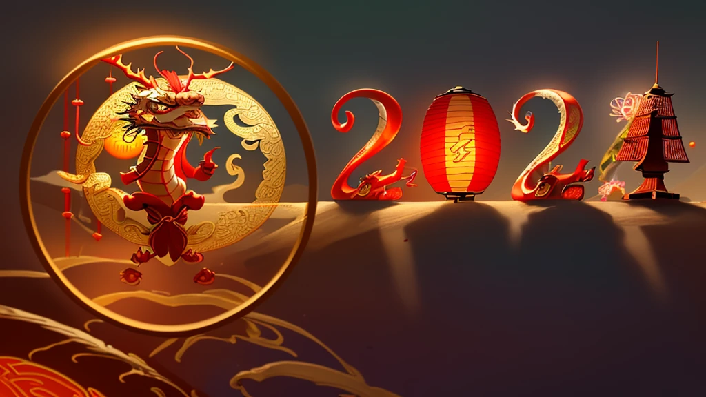 HD,4k,masterpiece_1.2,magical style,(Chinese dragon),festive,lantern,red and gold,(fireworks)
