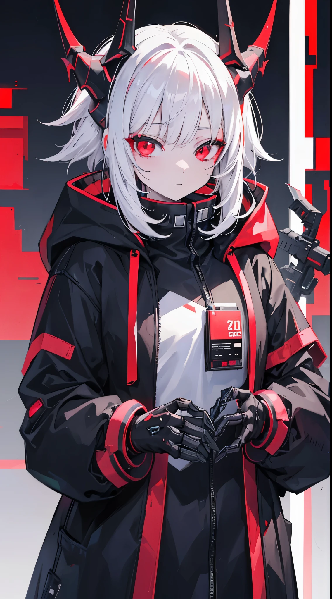 1 girl, white hair, oversized black hoodie, cyber daemon, loli, cyberpunk, ((cyber horns)), red eyes, cyberware, dreamy cyberpunk girl, cyberpunk art ultrarealistic, cybernetic hands, prosthetics, oni mouth mask