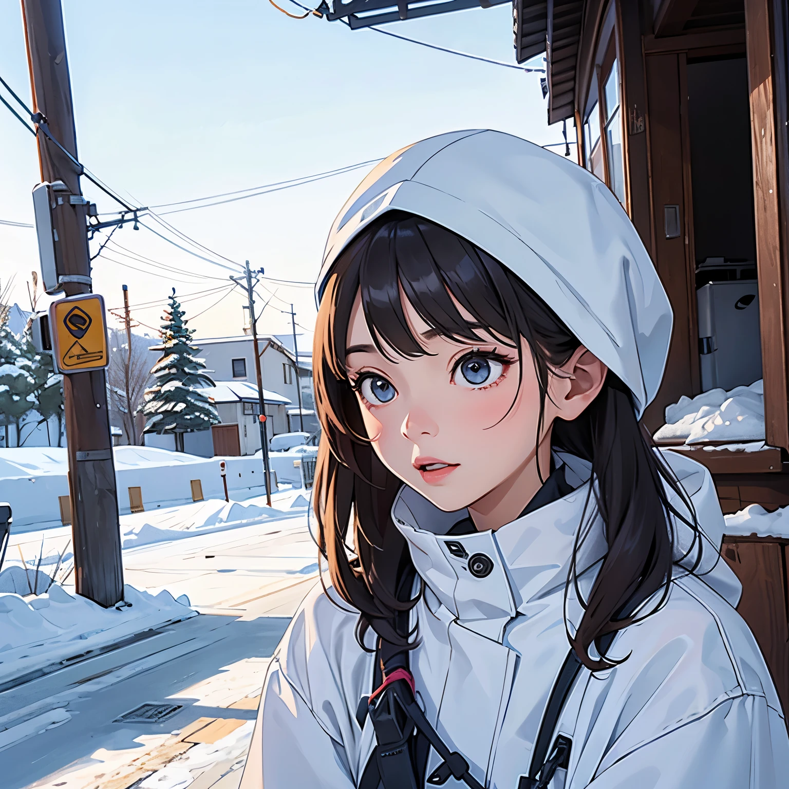 There is snow on the right side、The left half is summer、the girl looks surprised