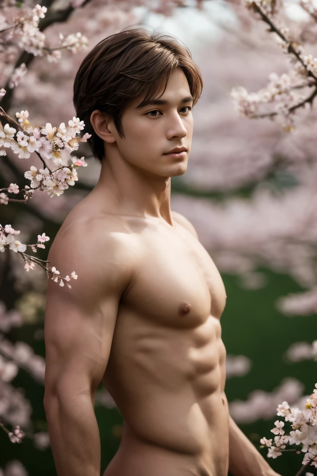 masterpiece,extremely detailed CG unity 8k wallpaper,1boy, beautiful, realistic, blurry, blurry_background, blurry_foreground, branch, brown_hair, plum blossom, depth_of_field, flower, nose, realistic, solo, only wearing nothing, completely naked, looking at viewer