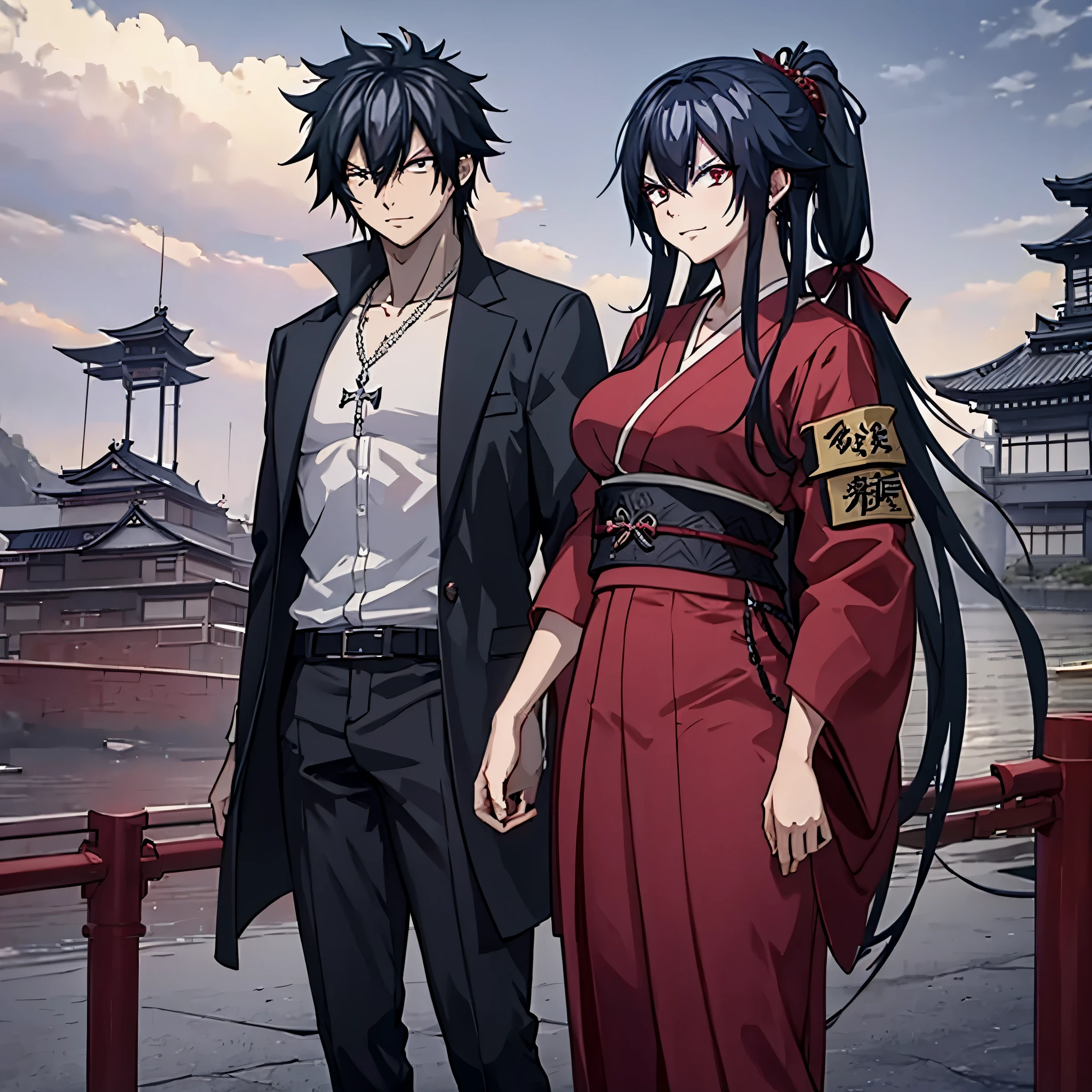 gray fullbuster using wearing heavy samurai armor next to a woman (eye red) sorridente in a red kimono in a traditional Japanese castle