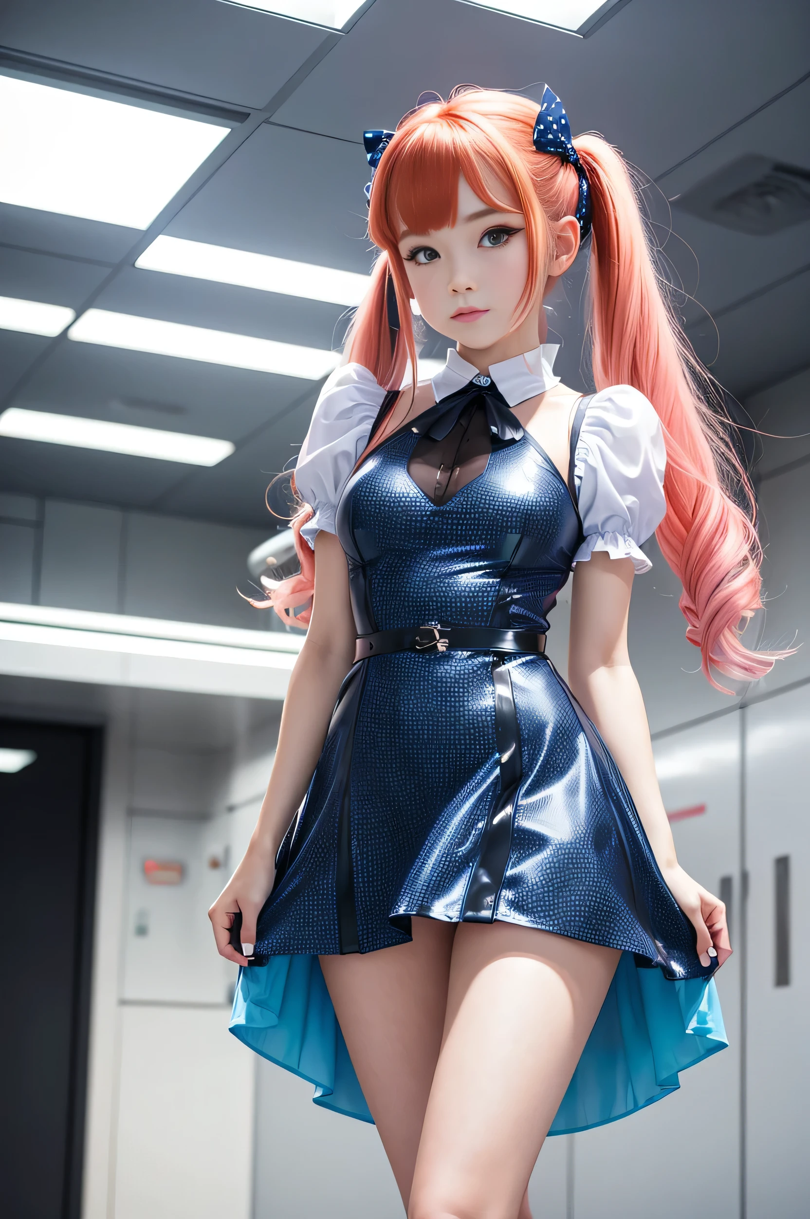 1 girl, solo, (nsfw), cute redhead 18-year-old girl in twin tails, ((perfect female body)), (perfect textured skin) multiple (rainbow colored hair: 1.2), ((beautiful detailed blue eyes: 1.6)), (photo realistic eyes: 1.6), happy, smiling, cute attitude, Ukrainian, (petite body), ((small hips)), (cowboy shot:1.2), (goth white pale skin: 1.2), wearing a pastel blue nightgown, night dress, ((sheer: 1.6)) ((camel toe: 1.6)), frilly, matte pantyhose, night time, standing in a space ship repair shop, space ship mechanic girl, futuristic, dark lighting, neon lighting, cyber punk, photo realistic.