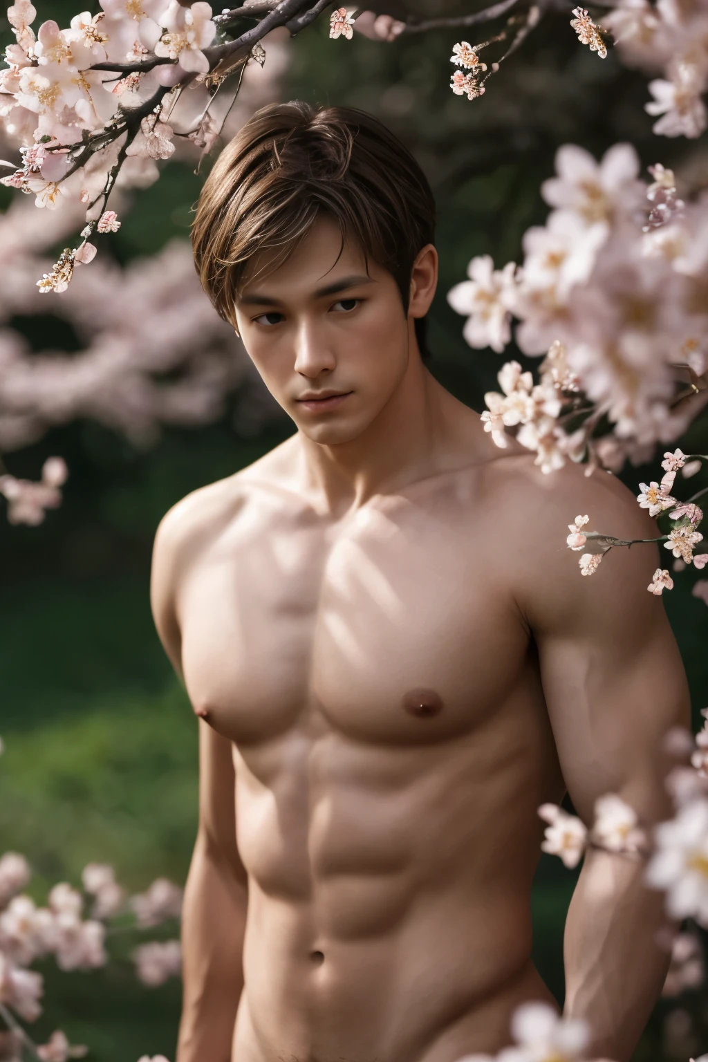 masterpiece,extremely detailed CG unity 8k wallpaper,1boy, beautiful, realistic, blurry, blurry_background, blurry_foreground, branch, brown_hair, plum blossom, depth_of_field, flower, nose, realistic, solo, only wearing nothing, completely naked, looking at viewer