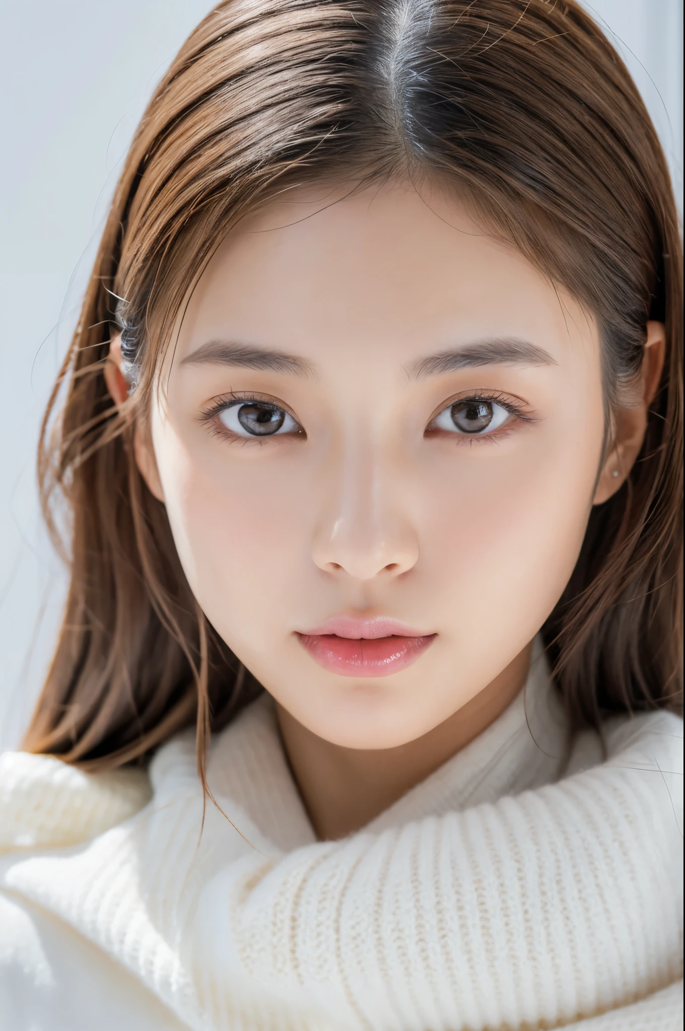 Young japanese lady, 30s, White background, It features a simple背景, white-brown hair, slender, 4K, in 8K, High quality, Beauty, Beautiful eyes, It features a simple, High resolution,1 person,Beautiful skins,Beautiful skin,wearing a white knit,Winters,lipsticks