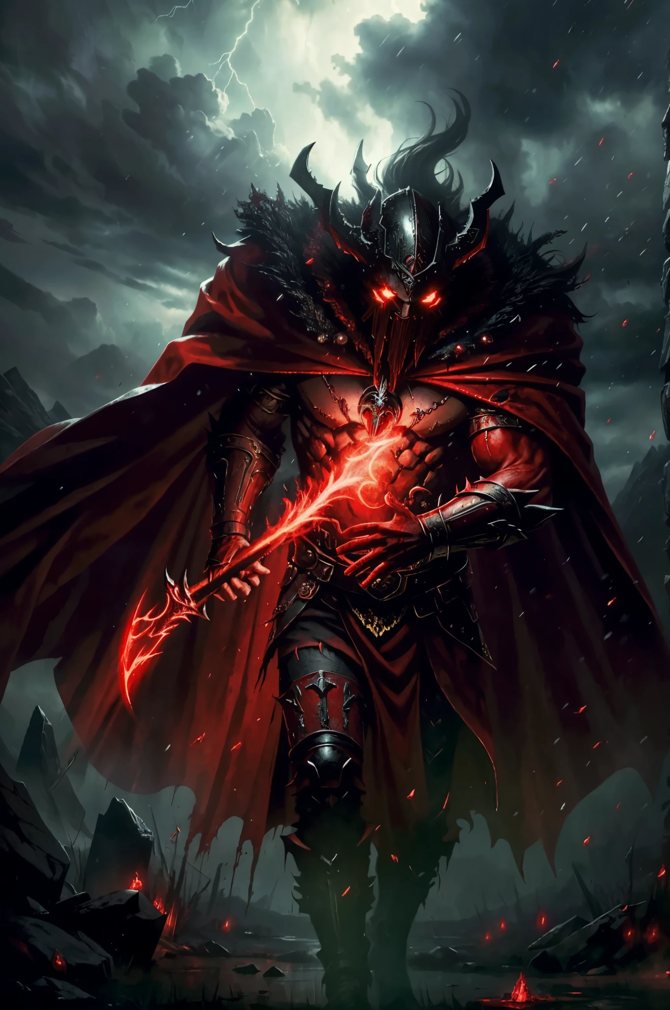 (best quality,4k,8k,highres,masterpiece:1.2),ultra-detailed,realistic,blood mage,cinematic,dark,red tunic,torn red cape,majestic scepter,red aura,strong presence,sinister,deep shadows,dramatic lighting,floating particles,magic effects,ancient symbols,glowing eyes,mysterious atmosphere,ominous,spellbinding,mesmerizing,enchanted,mystical,fantasy,red color palette,ominous chanting,ominous music,thunderstorm background,powerful,commanding,otherworldly, intense gaze