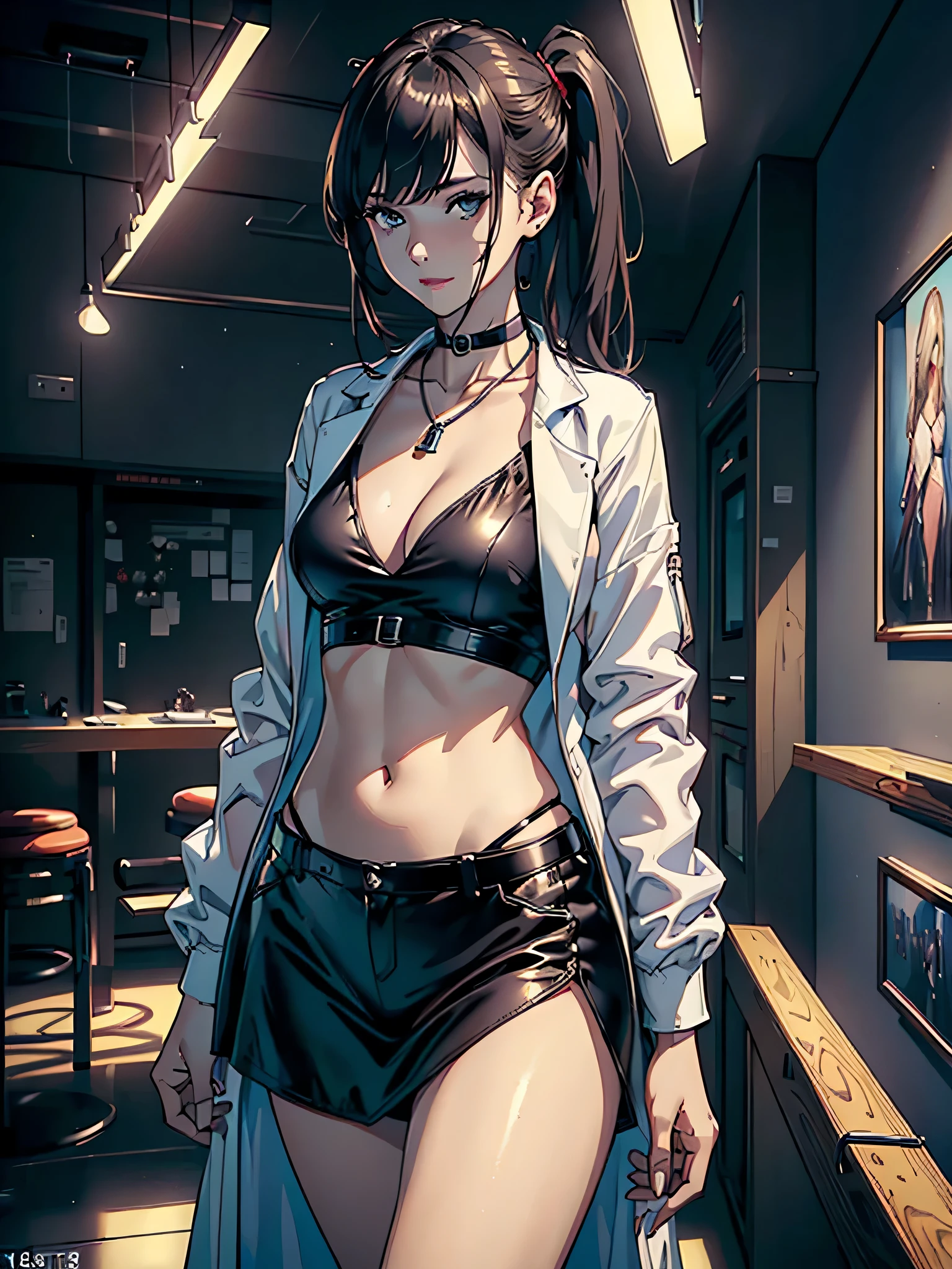 (ultra-realistic rendering, best quality), ((Top Quality, 16k, Masterpiece: 1.3)), (Beauty, 1 Girl), hot shot, aroused, absurdness, perfect anatomy, (Small smile), necklace, choker, dresig breasts:1.3), braless, defined abdomen, labcoat, standing, doctor office background, sexy pose