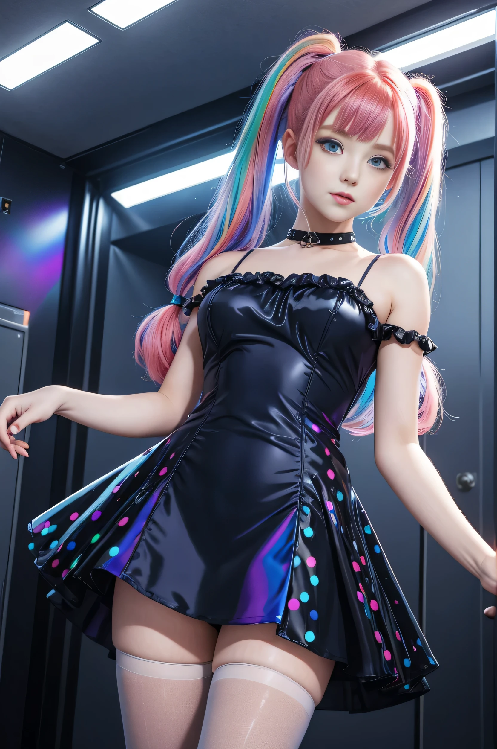 Cute redhead, gravure Idol, with rainbow colored hair tips, ribbons in her hair, 18-year-old woman, happy, in twin tails, perfect symmetrical eyes, clear sparkling blue eyes, pale skin, silky smooth skin, standing on a fancy luxurious space ship, large futuristic corridor, control panels, wood trim, decorative plants, warm lighting, wearing a futuristic party dress, pleated (chemise) mini dress (pastel rainbow colors, and polka dots), wearing full body pantyhose, cute short cut booties.