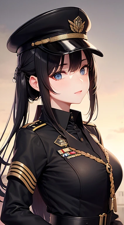 black Military Uniform, Long Black Hair, Breast, black Military Cap, guns