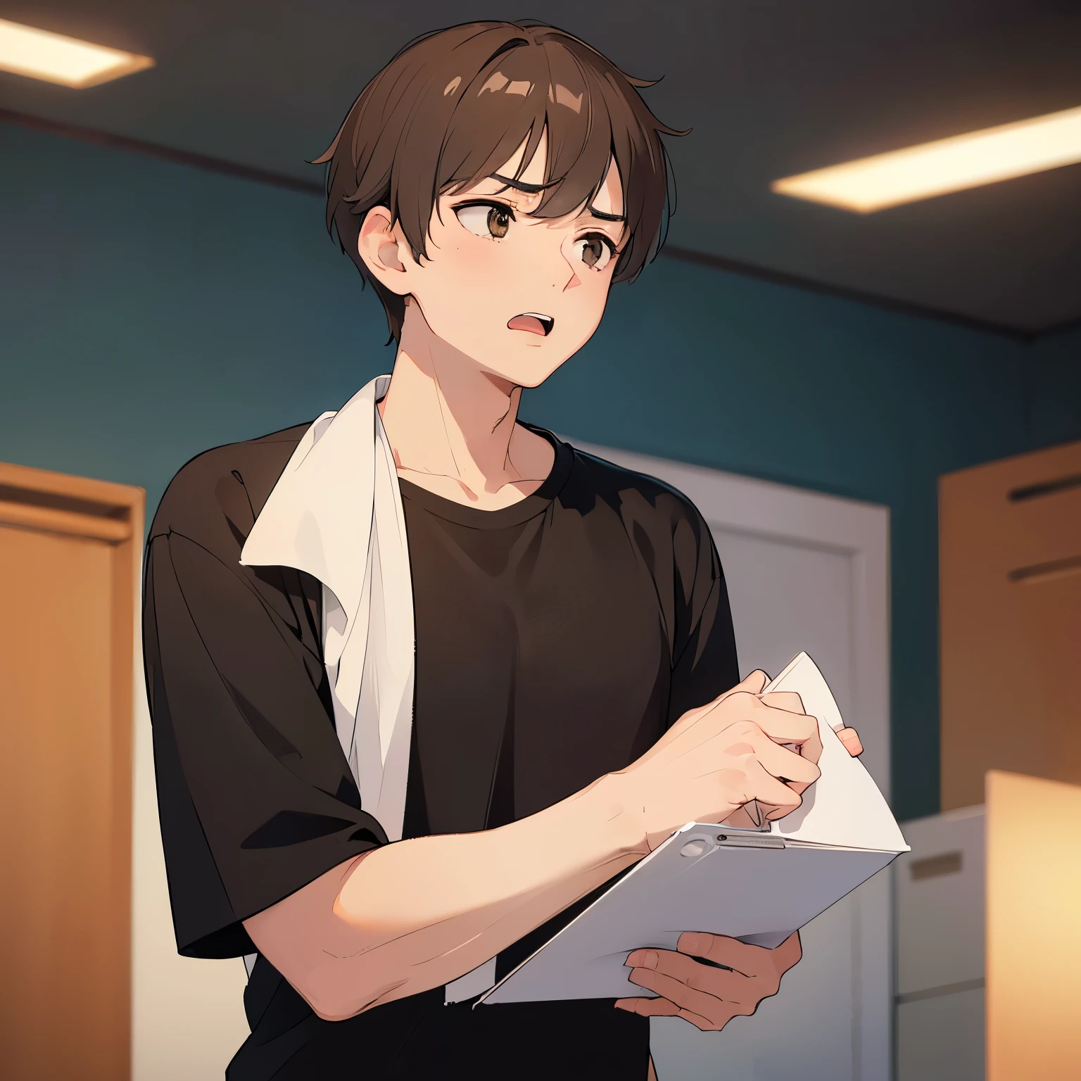 Shooting from below、(looking away:1.5), masterpiece、hightquality、25 year old brown eyed man with short brown hair、(wearing black tshirt:1.2)、(Alone:1.5)、(Surprised look:1.1)、open mouth, (Only the upper body is shown.:1.3)、have smart-phone、The background is the living room、is standing、Bold composition、